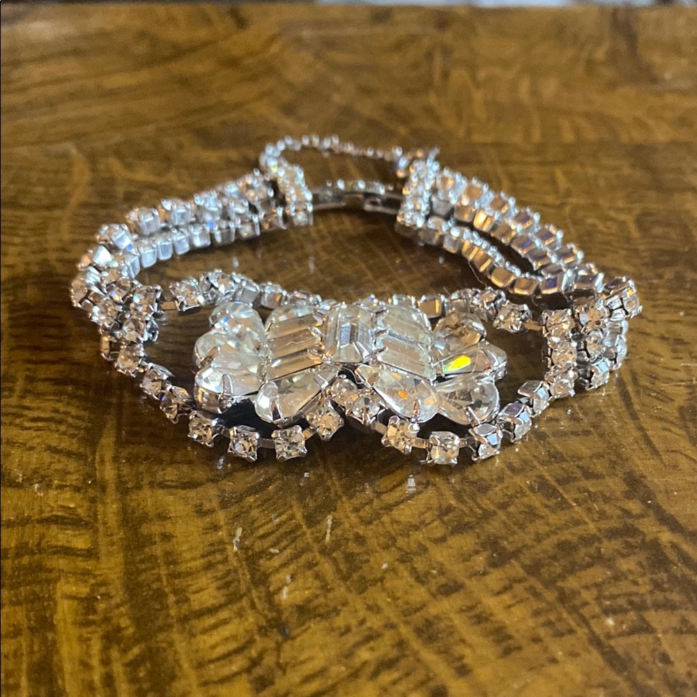 Vintage Multi-Strand Rhinestone & Silver Bracelet w Ornate Center safety chain